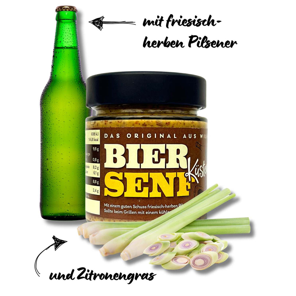 Abgebildet ist ein Glas mit Biersenf. Neben dem Glas steht eine grüne Bierflasche und unter dem Glas ein Bündel mit Zitronengras. 
